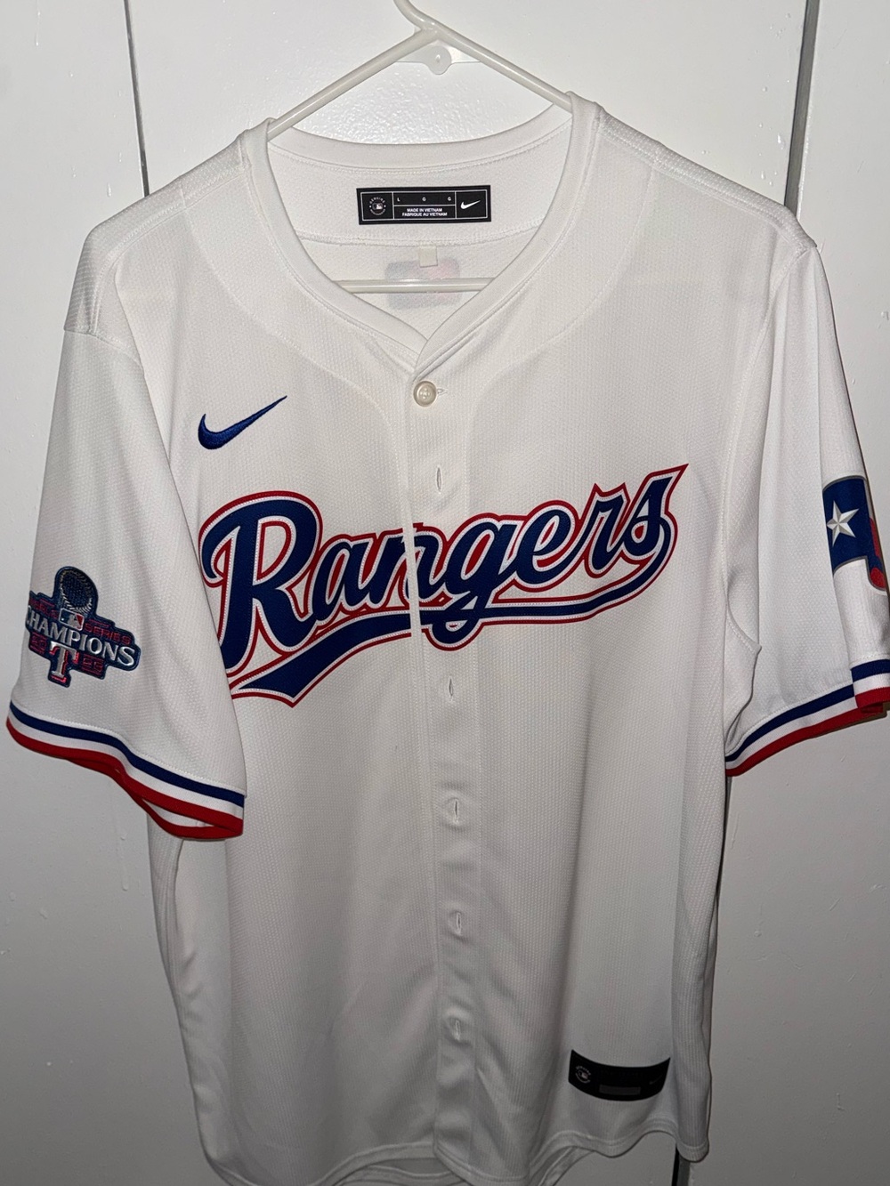 Nike Texas Rangers 2023 WS White Baseball Jersey with Blue & Red Trim
